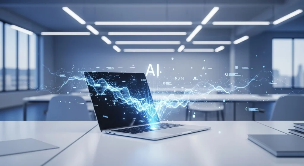 Modern workspace with AI holographic interface representing technology and productivity.