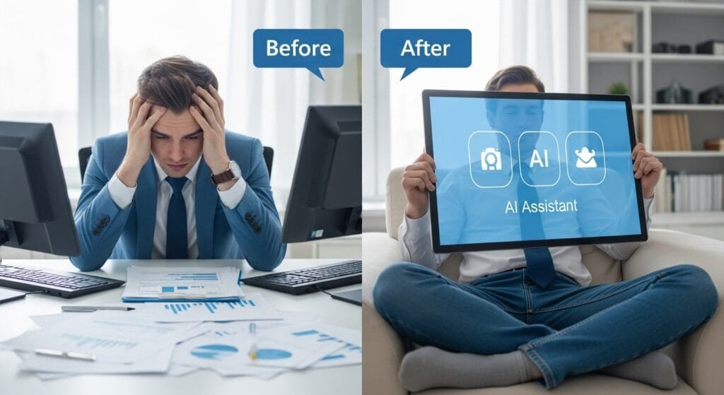 Professional workspace transformation showing cluttered desk versus organized AI-automated workflow with digital assistant tools