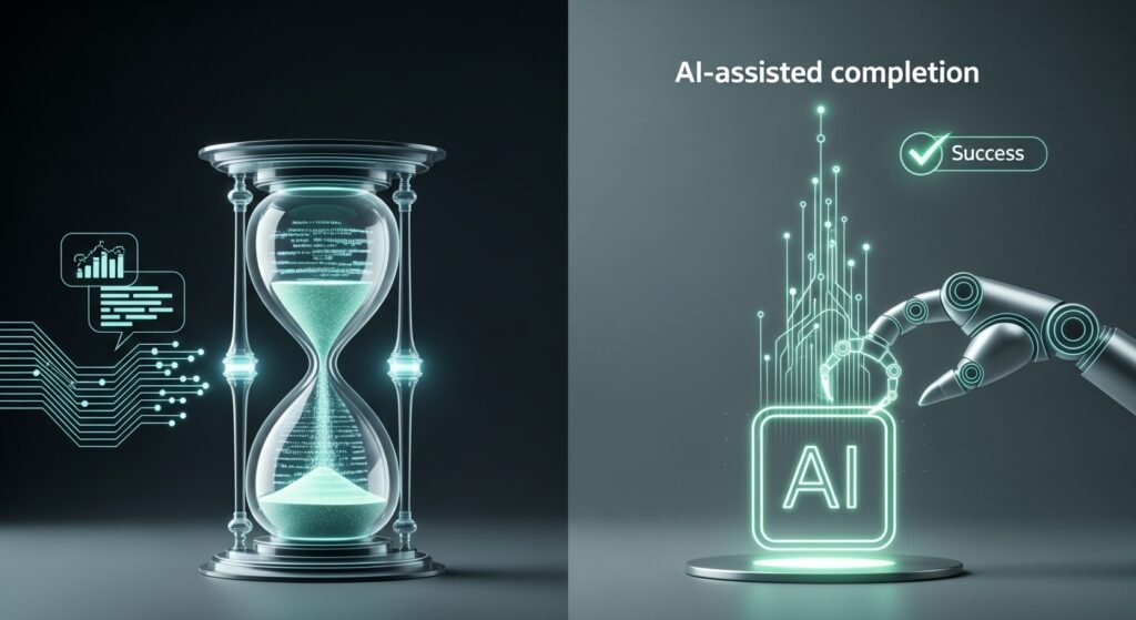 A split-screen futuristic illustration showing AI and automation. On the left, a glowing digital hourglass with data streams and analytics icons symbolizes time-saving through technology. On the right, a robotic hand activates a glowing AI button with rising data lines, accompanied by the text “AI-assisted completion” and a green success badge.