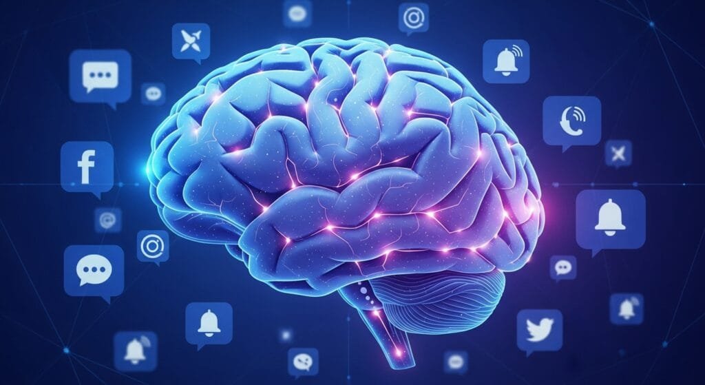 Brain filtering digital distractions and notifications to maintain focus and concentration