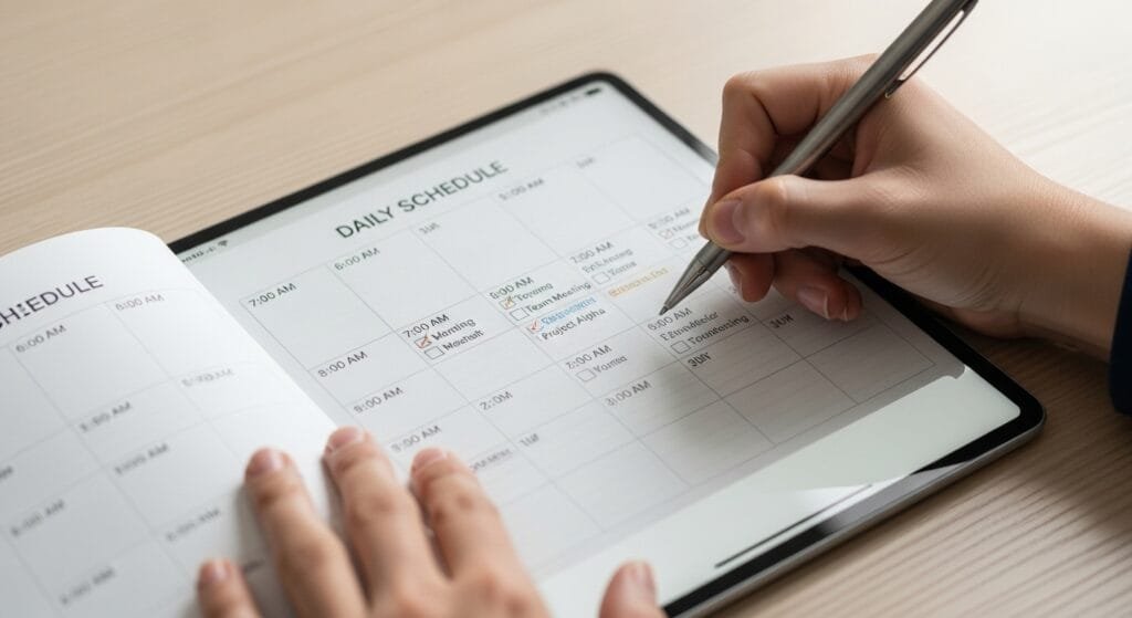 Hands organizing time-blocked morning routine schedule with specific time slots for productivity