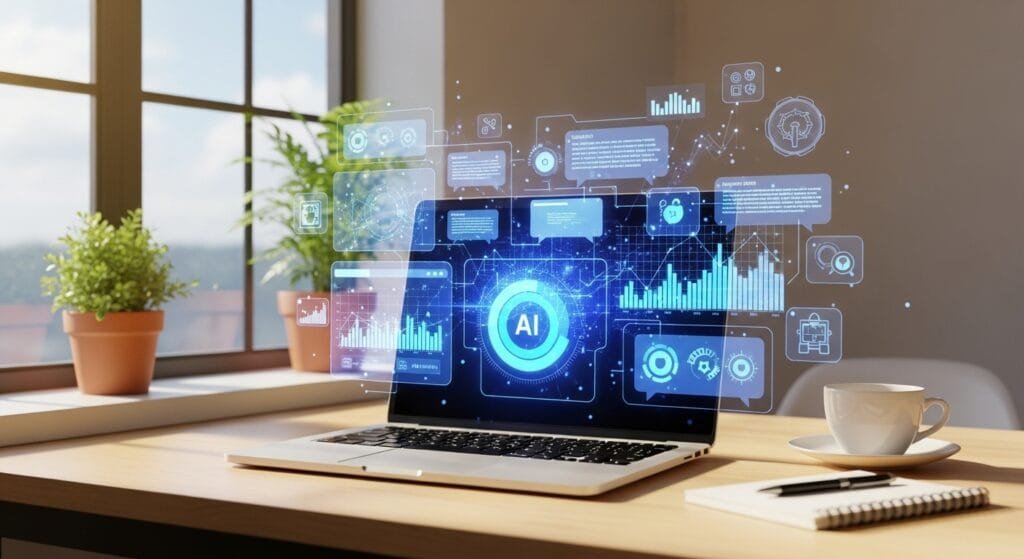 Modern workspace with laptop displaying AI tools and holographic interface elements for smarter daily living