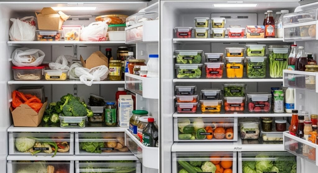 Organized refrigerator with meal prep containers versus disorganized fridge showing food waste comparison