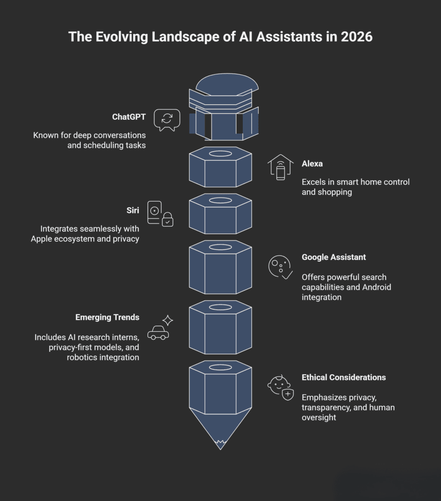 A dark-themed infographic titled “The Evolving Landscape of AI Assistants in 2026.” The graphic shows a stacked column of futuristic, cylindrical layers representing different AI assistant categories. Each segment includes a minimalist line icon and short description. From top to bottom:

ChatGPT: Known for deep conversations and scheduling tasks. Icon of a chat bubble with arrows.

Alexa: Excels in smart home control and shopping. Icon of a smart home device.

Siri: Integrates seamlessly with the Apple ecosystem and privacy features. Icon of a lock and checklist.

Google Assistant: Offers strong search capabilities and Android integration. Icon of a magnifying glass with Android-like face.

Emerging Trends: Encompasses AI research interns, privacy-first models, and robotics integration. Icon of a car and sparkle.

Ethical Considerations: Focuses on privacy, transparency, and human oversight. Icon of a smiley face with a plus sign.