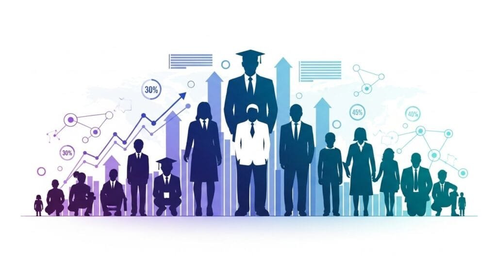 Visual representation of AI adoption rates across different American demographic groups including age, education level, and income brackets in 2025