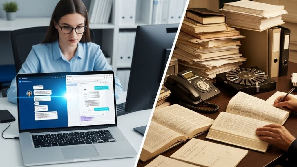 Comparison of AI-assisted workplace productivity versus traditional work methods showing efficiency gains from artificial intelligence adoption in 2026