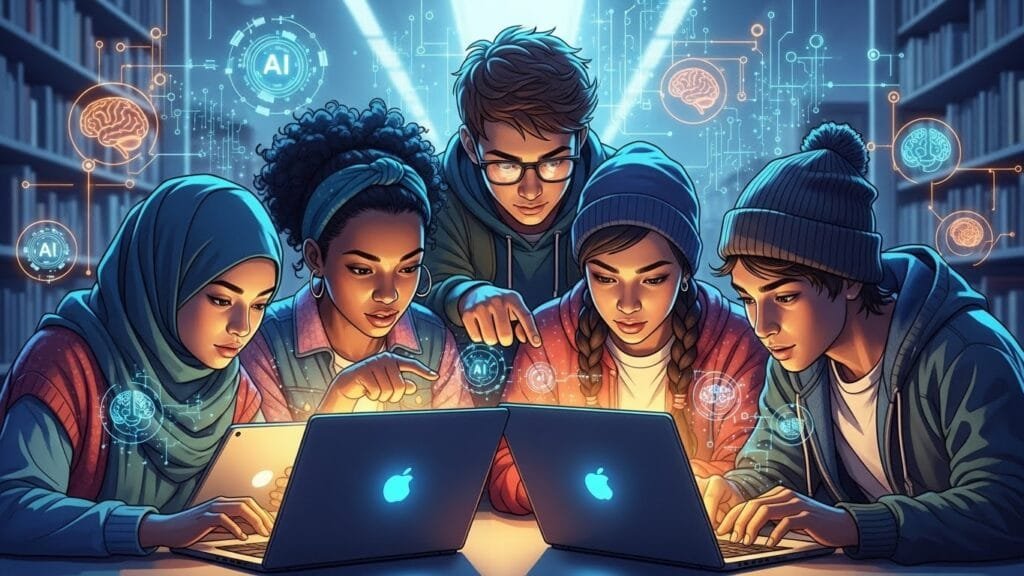 Diverse students collaborating with AI tools on laptops in modern library
