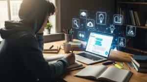 Student using free AI study tool on laptop with notebooks and glowing interface