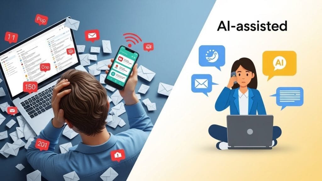 Before and after email automation - stressed inbox overload vs calm productive workflow with AI assistance