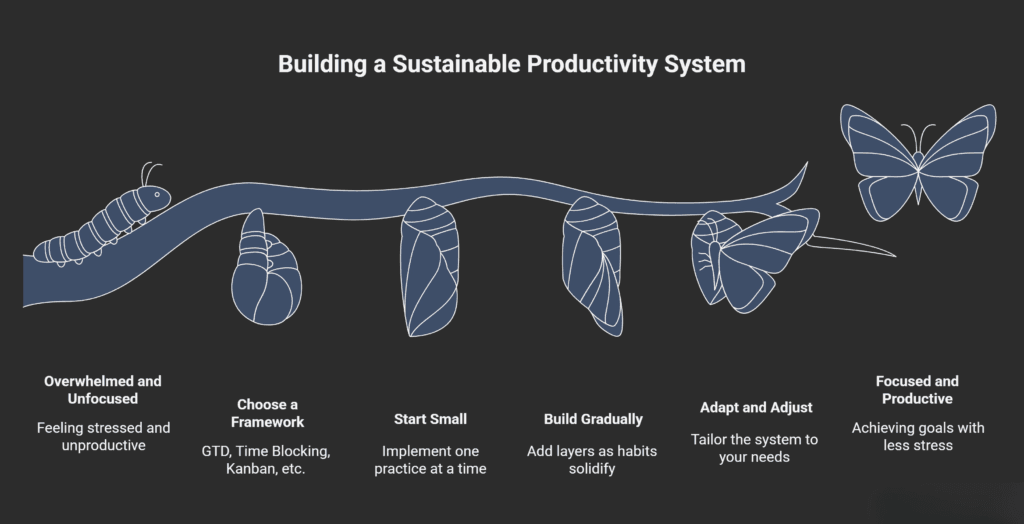 Illustration showing a caterpillar transforming into a butterfly to represent building a sustainable productivity system, moving from overwhelmed and unfocused to focused and productive through steps like choosing a framework, starting small, building gradually, and adapting over time.