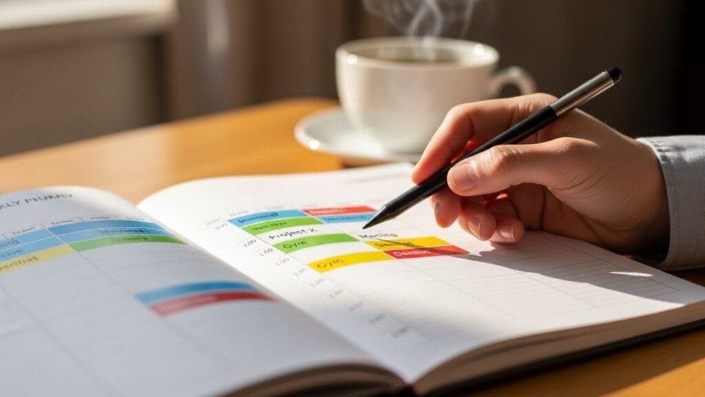 Weekly calendar showing color-coded time blocking schedule with focused work periods and buffer time