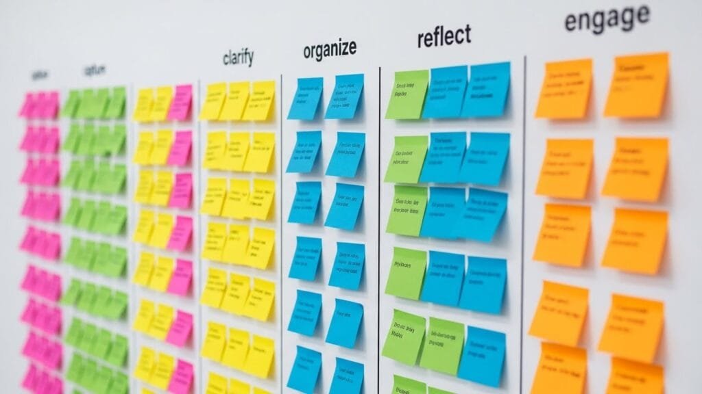 Organized sticky notes arranged in columns representing the five-step Getting Things Done productivity workflow