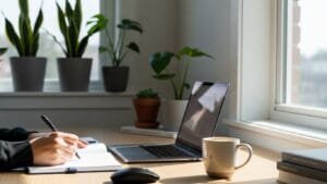 Person organizing daily tasks in a productivity planner at a minimalist desk with laptop and natural lighting