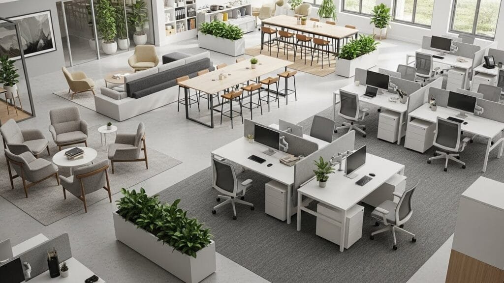 Modern office interior design with biophilic elements ergonomic furniture and flexible zones for productivity and wellbeing