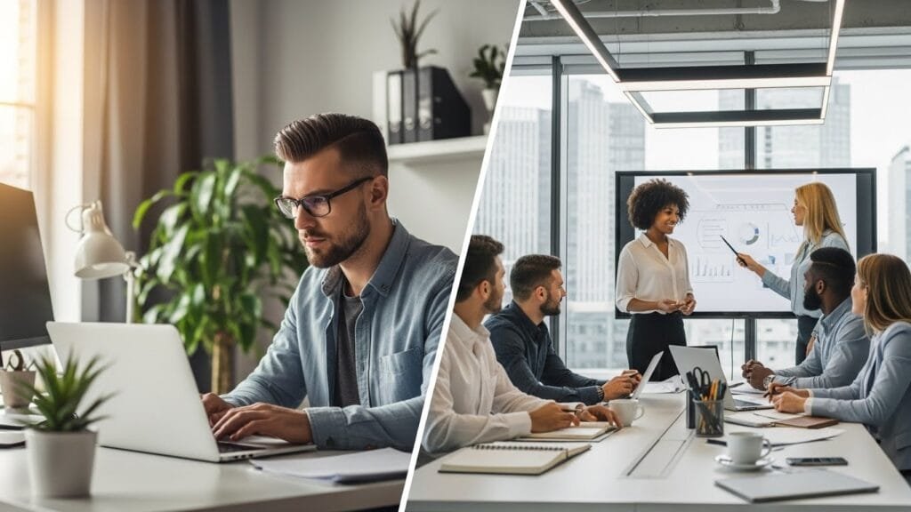 Remote worker in home office and in-office team collaboration showing flexible hybrid work models