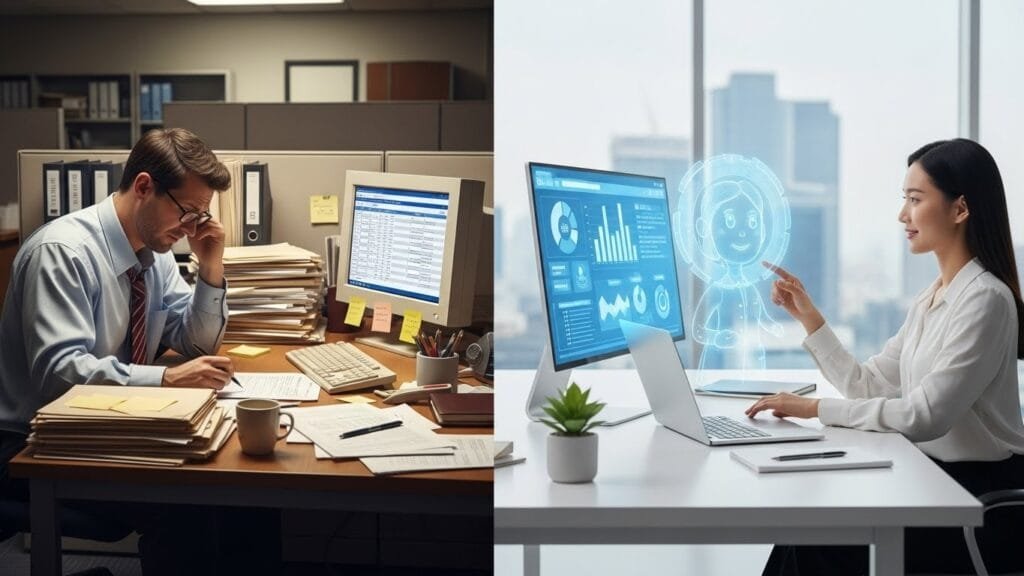 Side by side comparison of traditional office work versus AI-enhanced workplace productivity and organization
