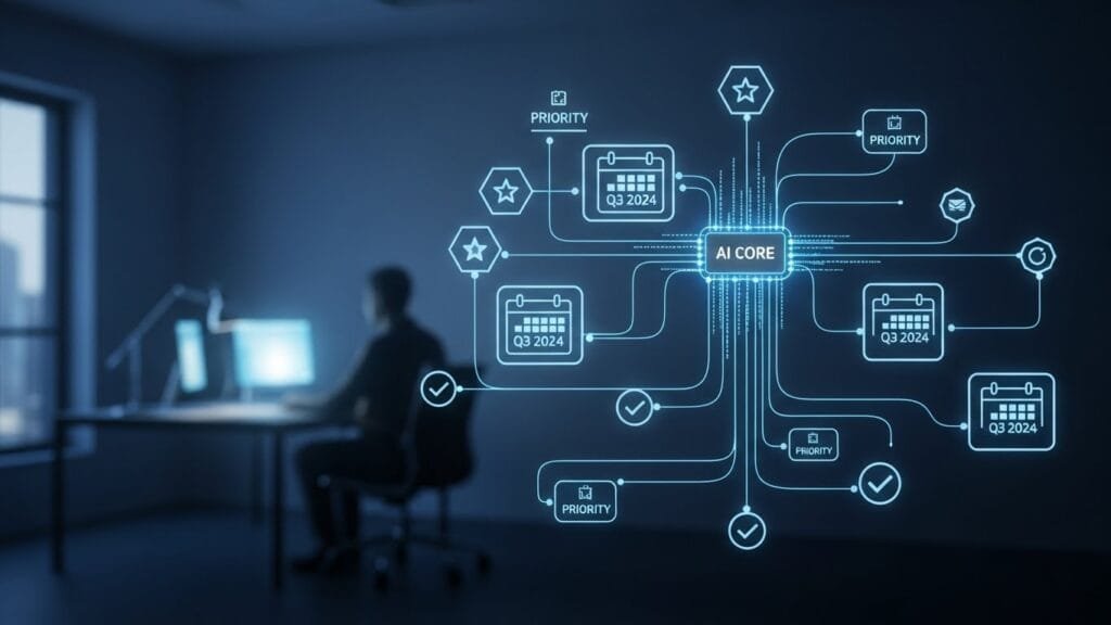 Abstract visualization of AI organizing complex task network
