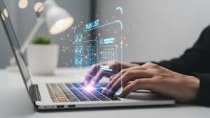 Hero image of futuristic AI task manager interface above modern laptop workspace