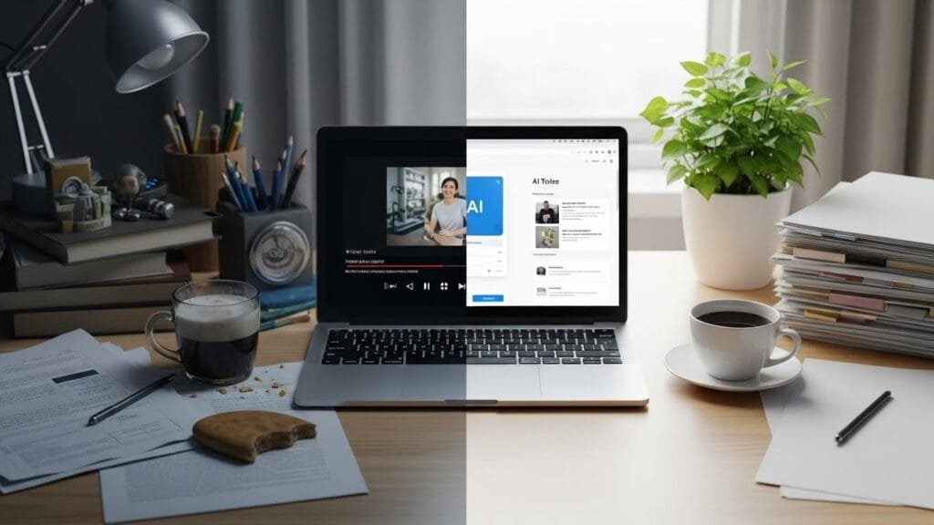 Before and after transformation messy desk to organized AI-powered productive workspace