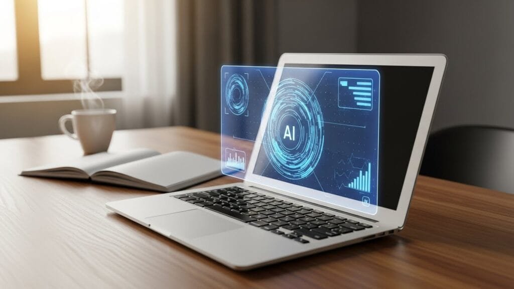 Focused remote worker laptop with holographic AI interface in sunlit home office