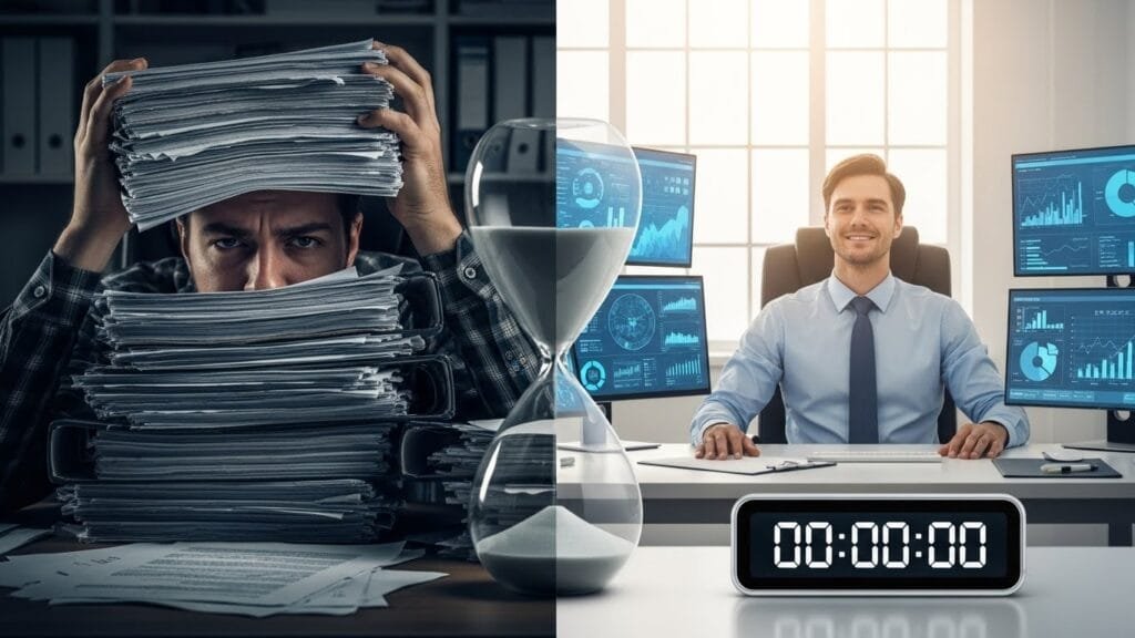 Before after split screen showing admin work stress transforming to relaxed productivity with AI time savings
