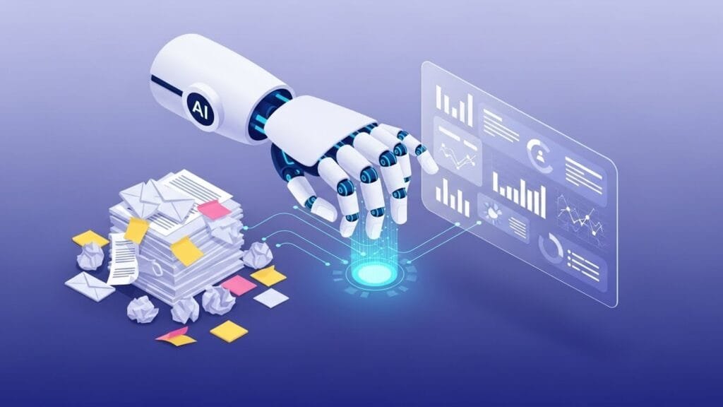 AI robot hand automating messy paperwork into organized digital dashboard with charts and notifications
