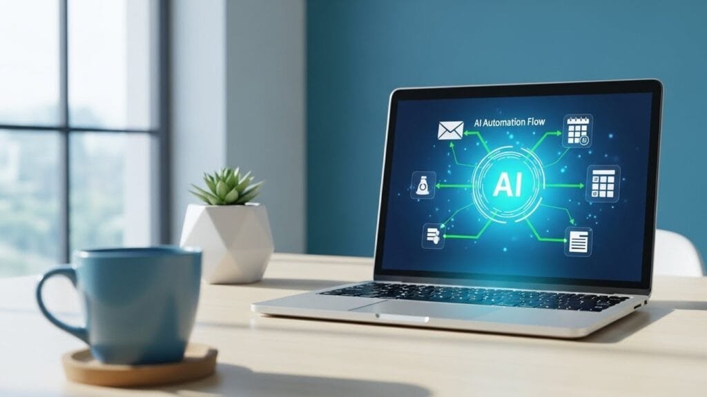 AI automation tools connecting email calendar and spreadsheet icons on modern laptop workspace