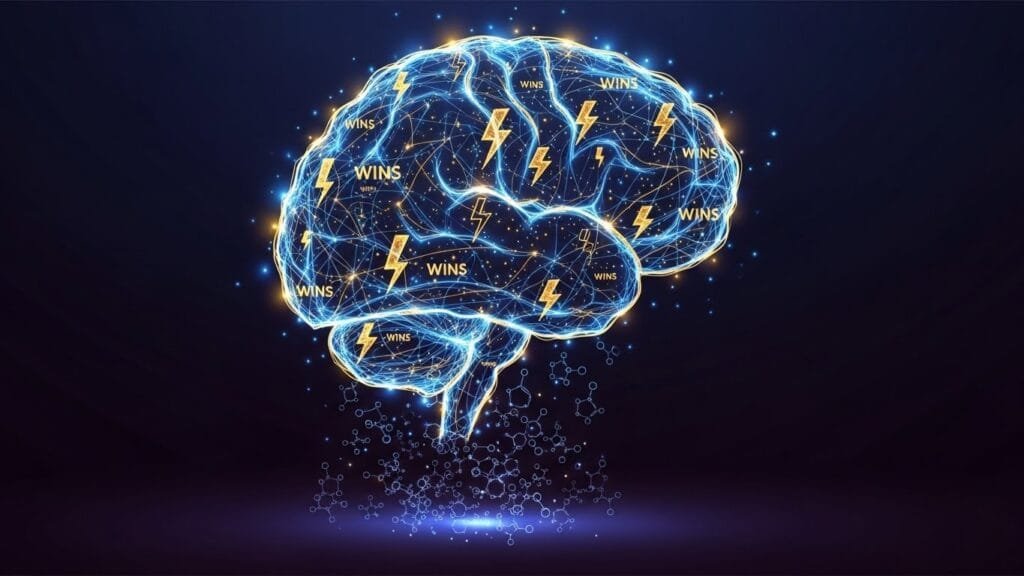 Brain neural pathways lighting up from small productivity wins and dopamine release