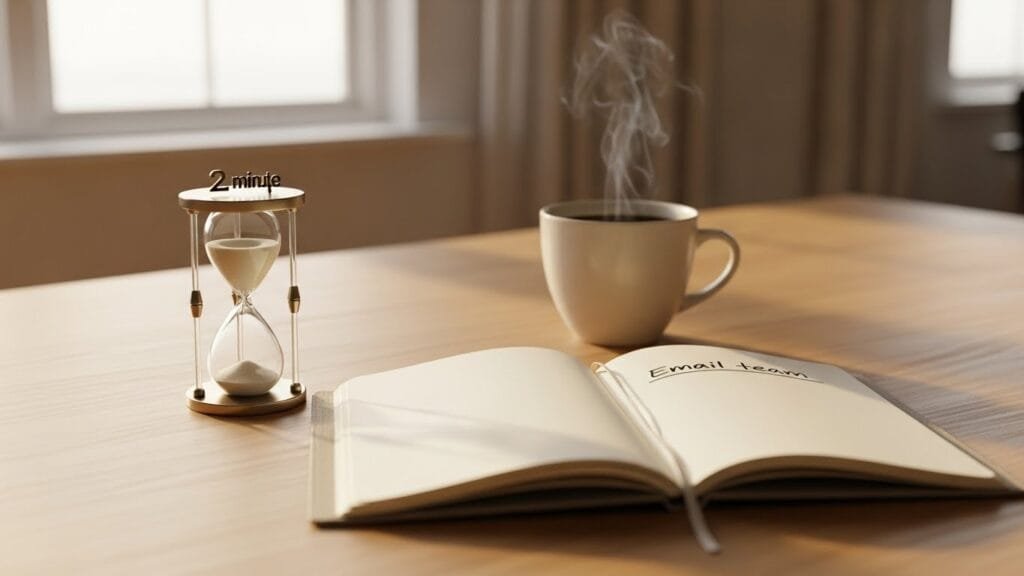 2-minute timer on workspace desk symbolizing micro productivity quick wins and momentum