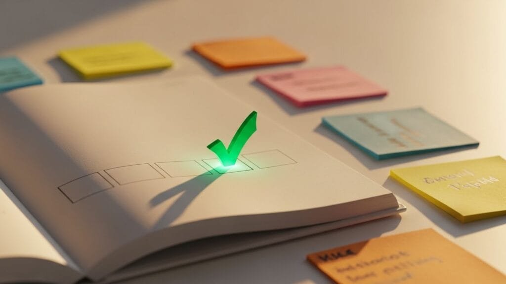 Minimalist checkmark on productivity planner representing micro productivity small wins