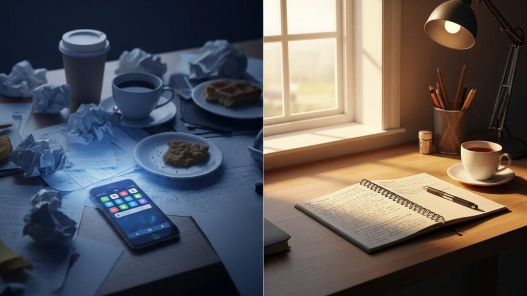 Before and after transformation: chaotic morning desk vs neuroscience-optimized focused workspace