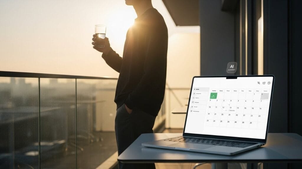 Person experiencing morning sunlight exposure with AI productivity tools on laptop for optimal focus
