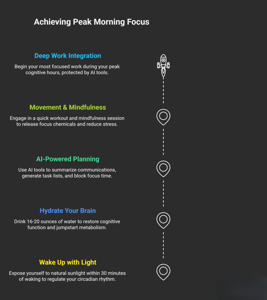 Dark-themed infographic titled Achieving Peak Morning Focus showing a vertical step-by-step routine. It lists five morning habits with icons along a dotted path: Wake Up with Light (get natural sunlight within 30 minutes), Hydrate Your Brain (drink 16–20 ounces of water), AI-Powered Planning (use AI to summarize messages, plan tasks, and block focus time), Movement & Mindfulness (quick workout and mindfulness to reduce stress), and Deep Work Integration (start focused work during peak cognitive hours). A rocket icon at the top symbolizes peak performance.
