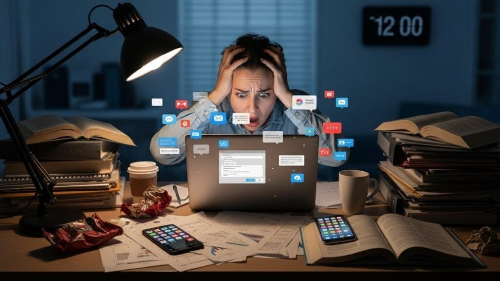 Overwhelmed worker at chaotic desk before discovering planning habit