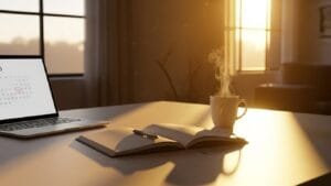 Sunlit workspace ready for 10-minute planning habit with notebook and coffee