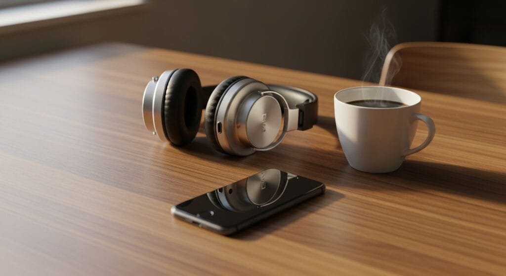 A minimalist workspace featuring a wooden desk, coffee, and noise-canceling headphones, representing a distraction-free environment.