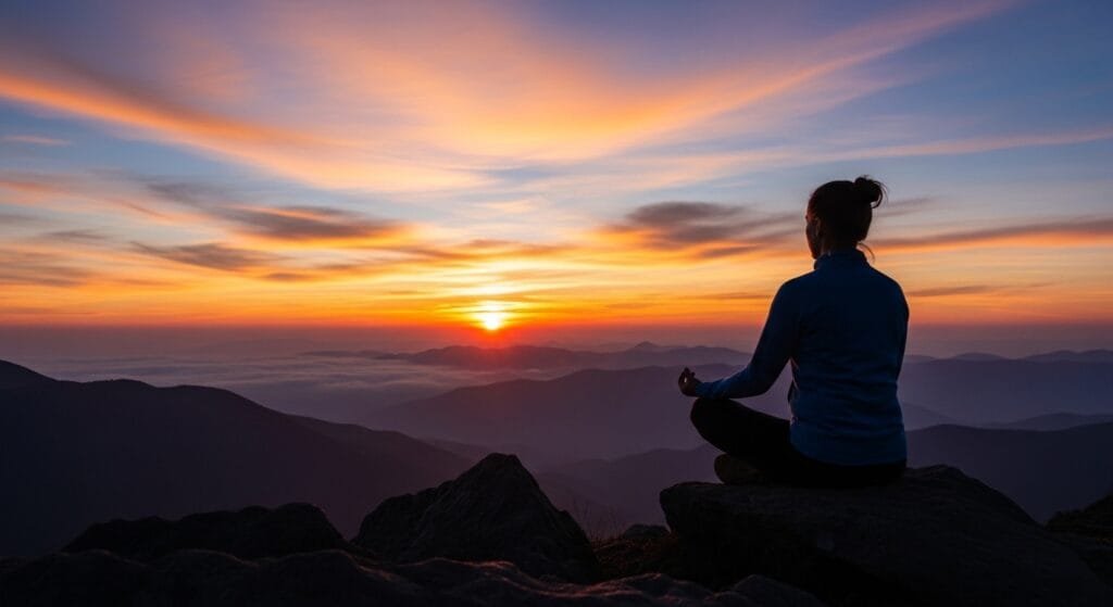 Person meditating at mountain sunrise overlooking misty peaks representing digital focus habits