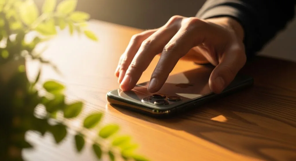 Smartphone placed face down on wooden desk with morning sunlight for digital mindfulness