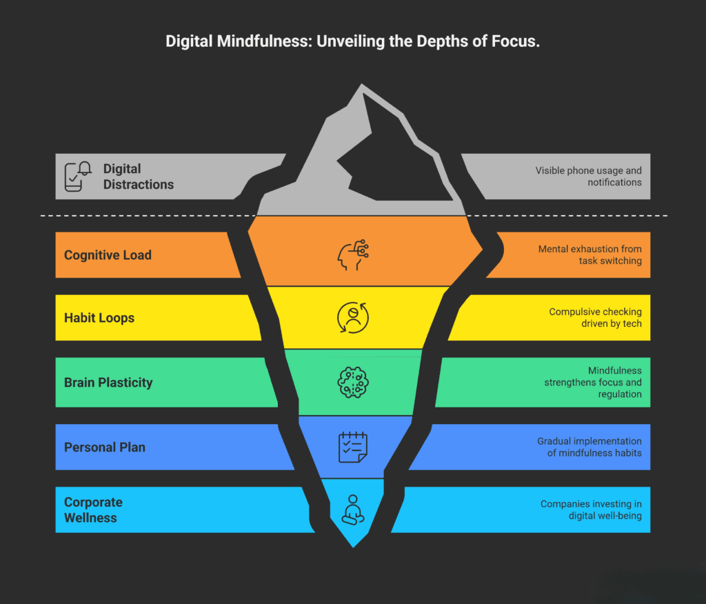 Digital mindfulness infographic showing an iceberg with visible phone distractions above the surface and deeper layers below, including cognitive load, habit loops, brain plasticity, personal mindfulness planning, and corporate wellness. Each section highlights how tech-driven behaviors affect focus and how mindfulness improves regulation and well-being.