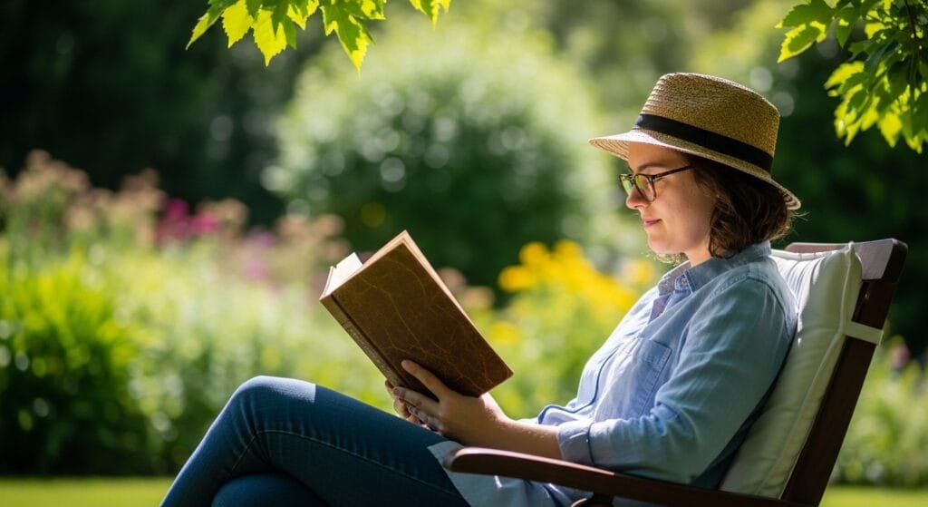A person reading a physical book in a peaceful garden, illustrating deep focus away from technology.