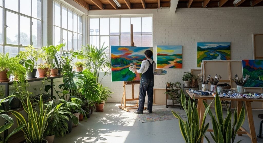 An artist working in a bright studio surrounded by plants, focusing entirely on a physical canvas and paints.