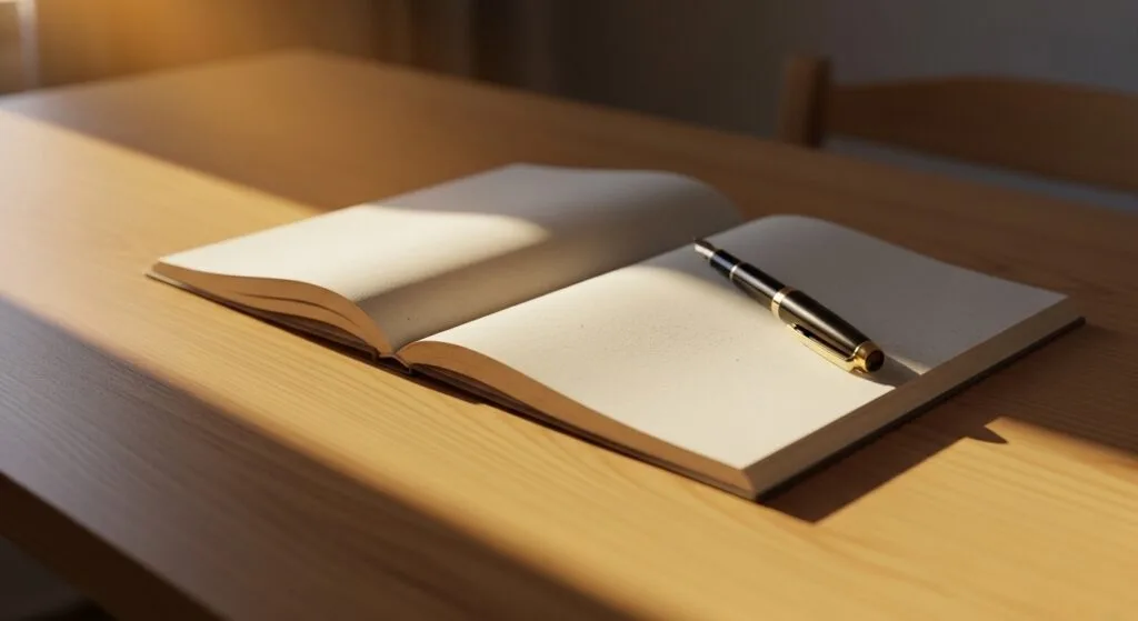A blank paper notebook and fountain pen on a sunlit wooden desk, symbolizing the start of a creative journey without digital distractions.