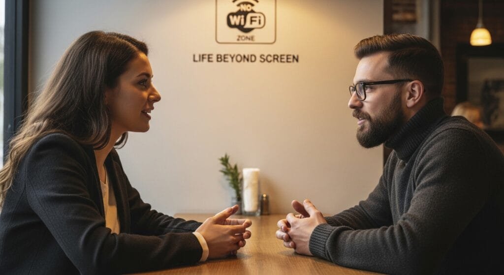 Two people talking in a café with no phones on the table, highlighting the importance of real-world human connection.