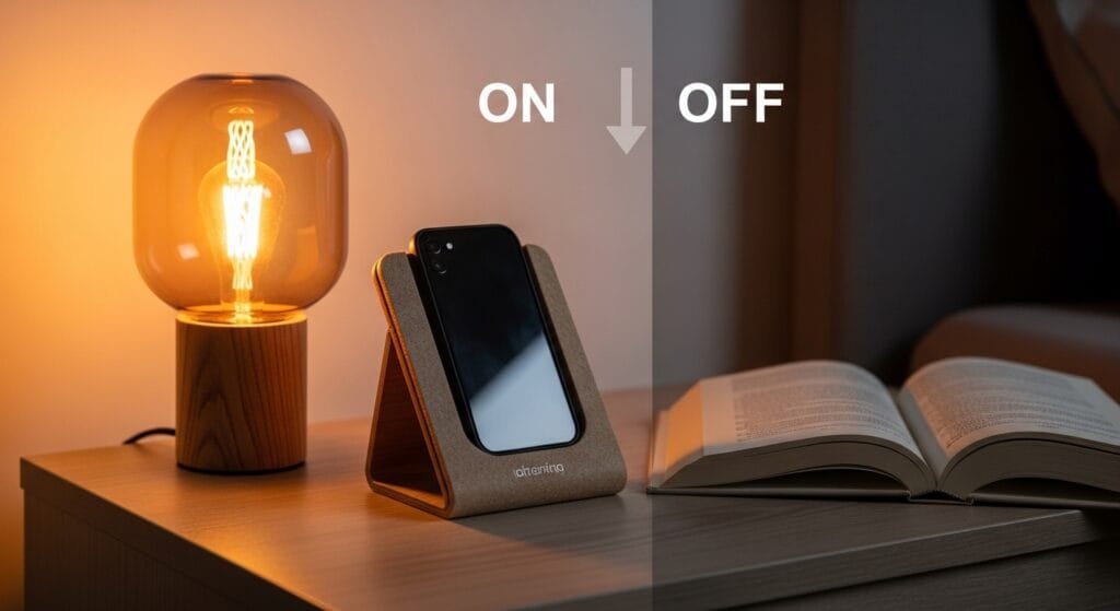 A bedside table at night with a phone tucked into a wooden box and an open book, representing a digital sunset routine.