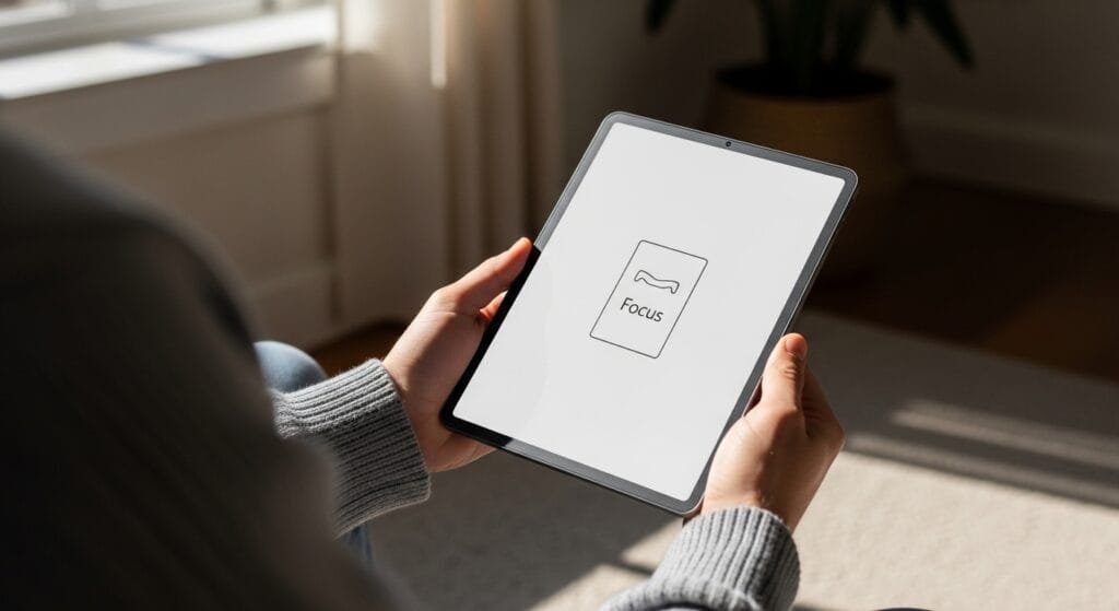 A first-person view of someone using a minimalist E-ink tablet in a bright, airy room, showing a clean and distraction-free screen.