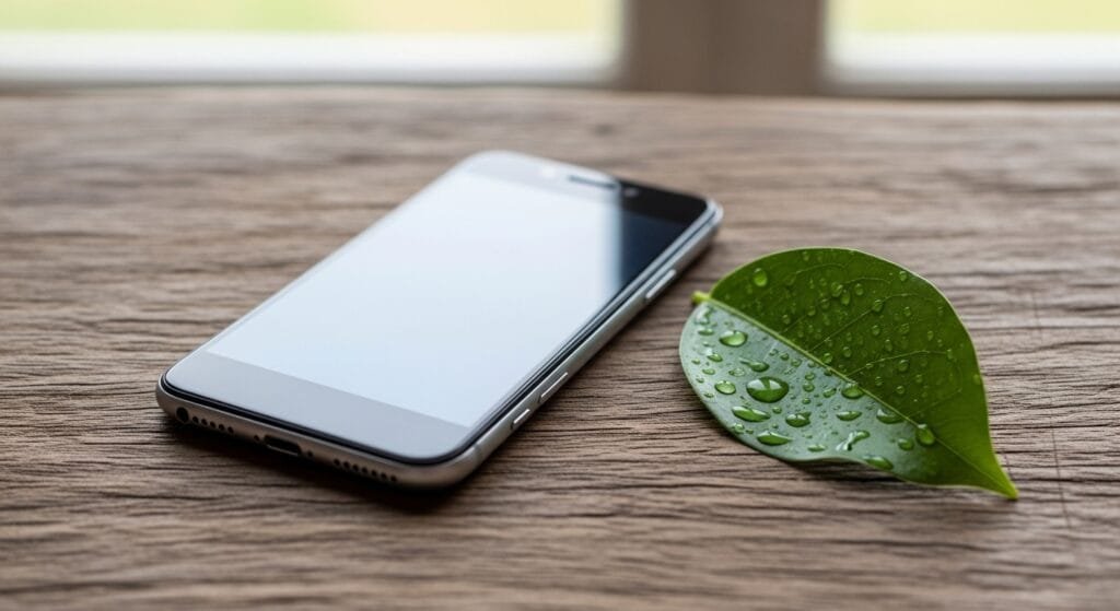 A smartphone lying face-down next to a fresh green leaf on a wooden surface, symbolizing the balance of technology and nature.