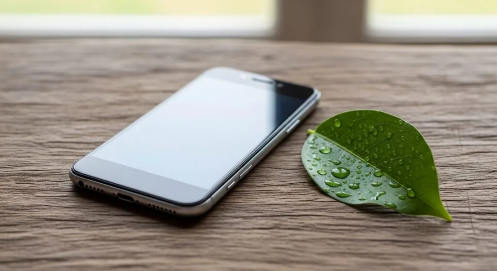 A smartphone lying face-down next to a fresh green leaf on a wooden surface, symbolizing the balance of technology and nature.