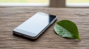 A smartphone lying face-down next to a fresh green leaf on a wooden surface, symbolizing the balance of technology and nature.