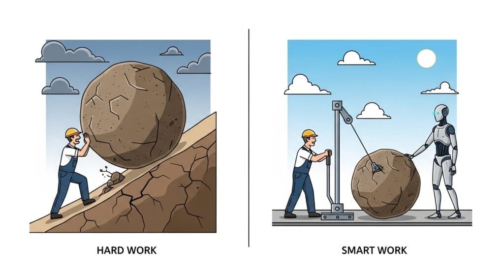 Visual comparison of hard work struggle versus smart work efficiency with tools