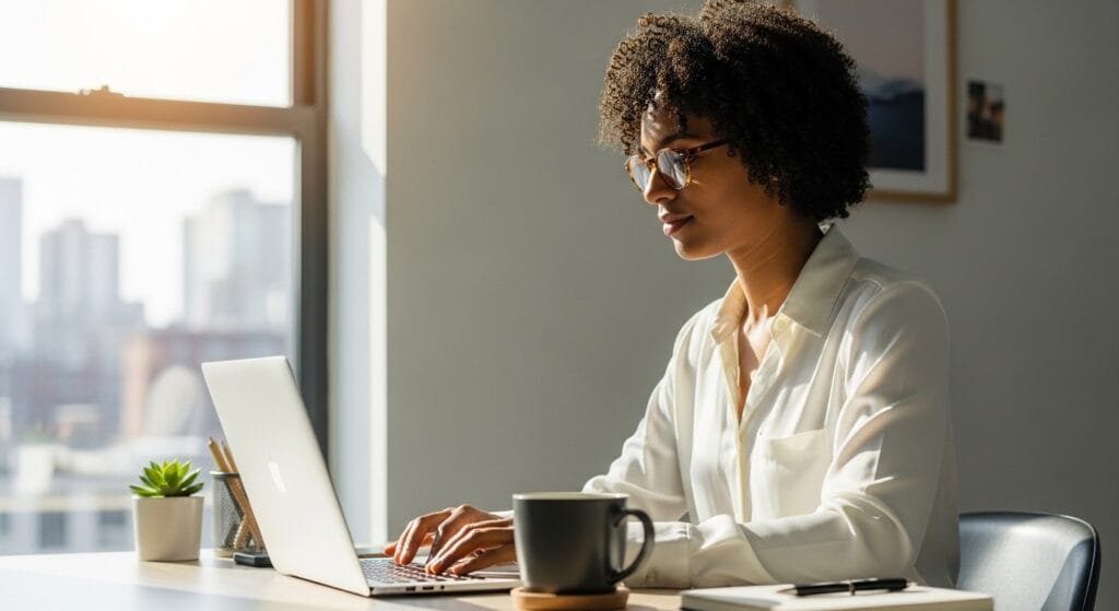 Professional doing smart deep work in modern home office with productivity focus